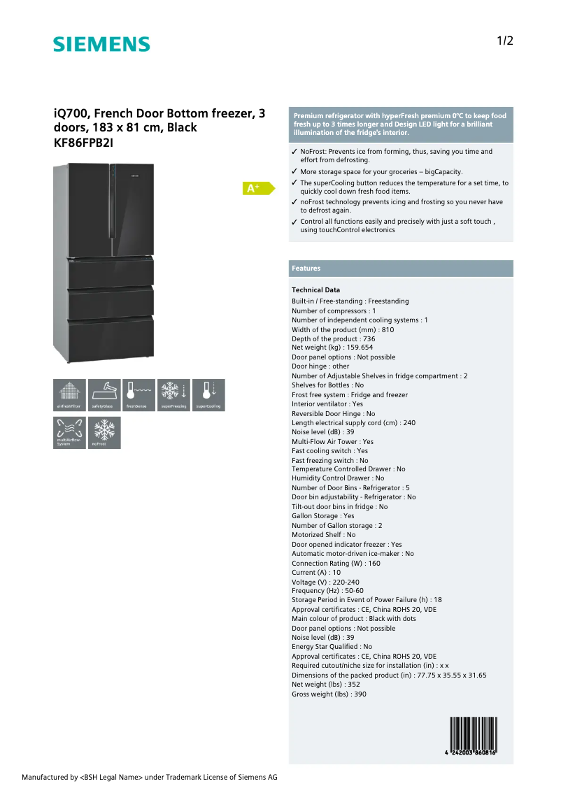Page 1 of the manual Technical Sheet Siemens KF86FPB2I