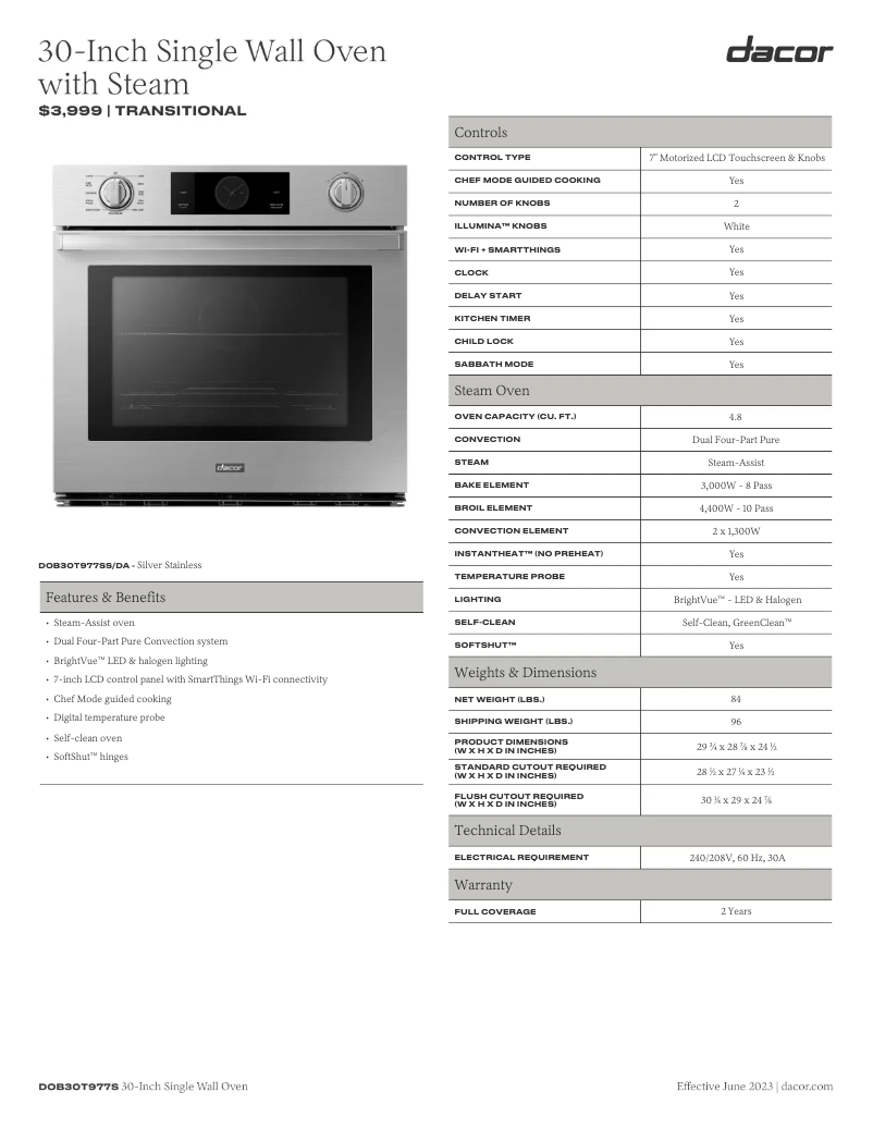 Page 1 of the manual Technical Sheet Dacor DOB30T977SS