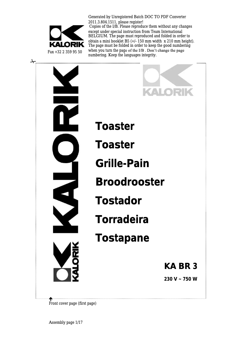 First page image of the manual for KA BR 3