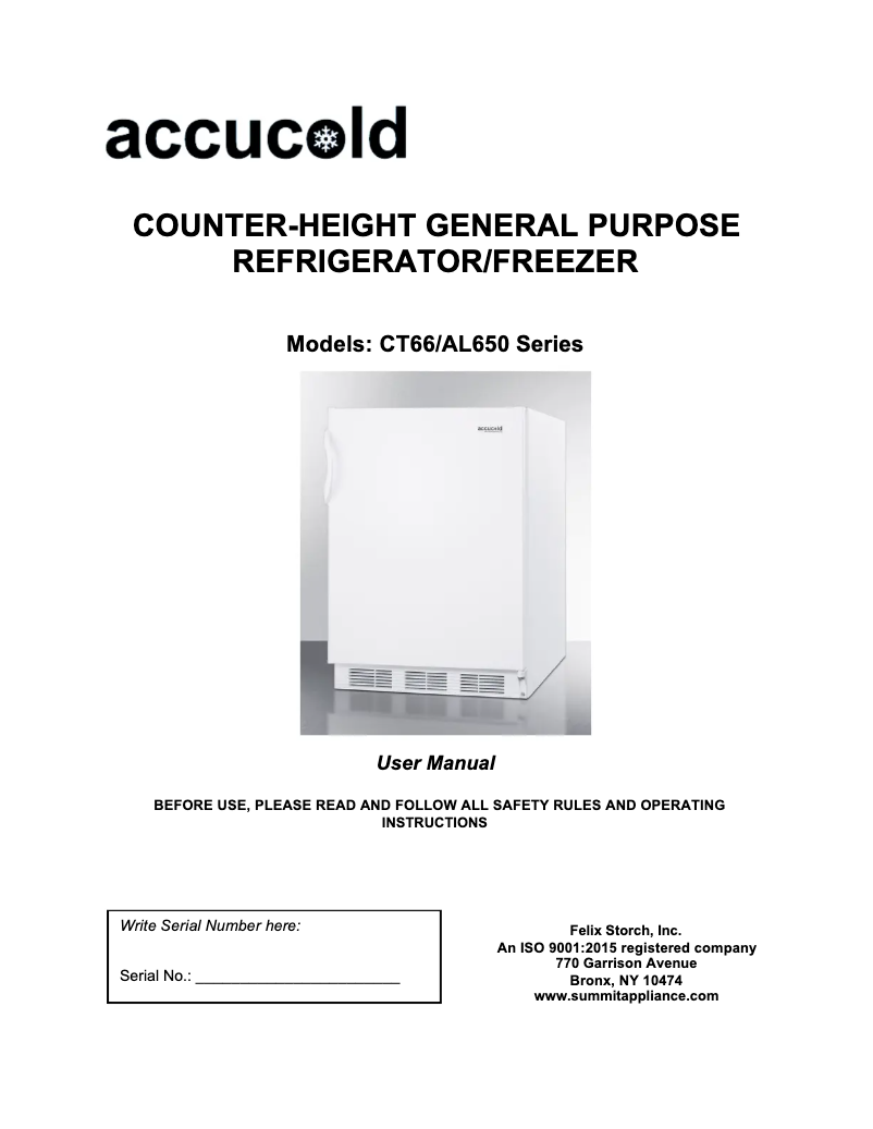 Page 1 of the manual User Manual Accucold CT66LWADA