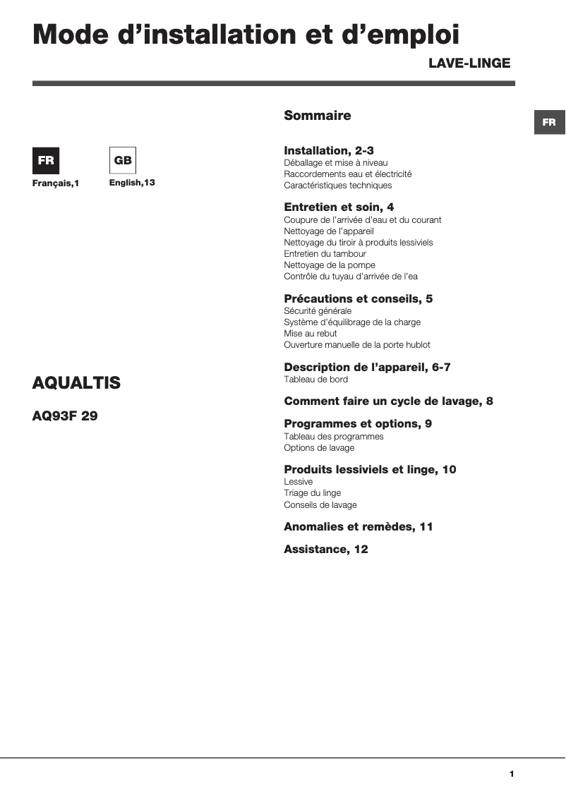 Page 1 of the manual User Manual Hotpoint Aqualtis AQ93F 29