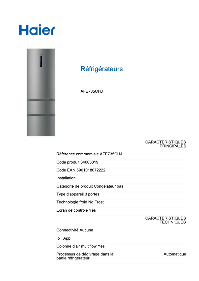 First page image of the manual for AFE735CHJ