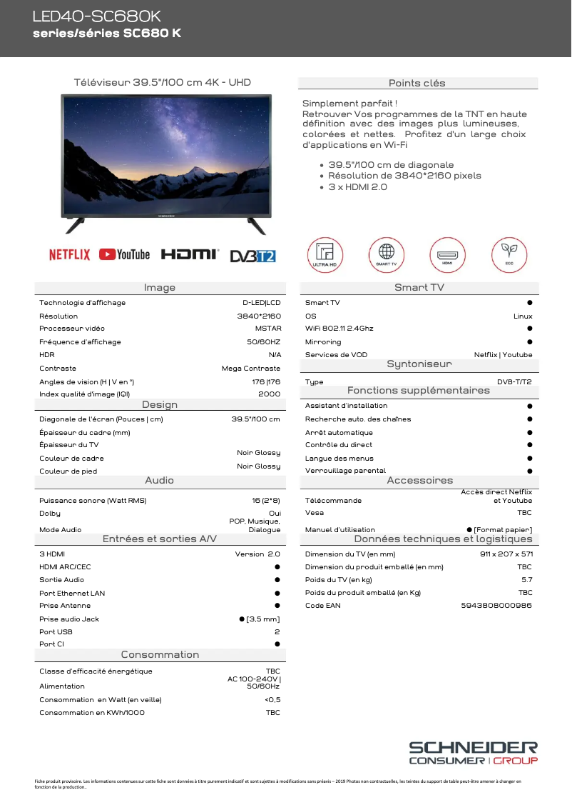 Page 1 of the manual Technical Sheet Schneider LED40-SC680K