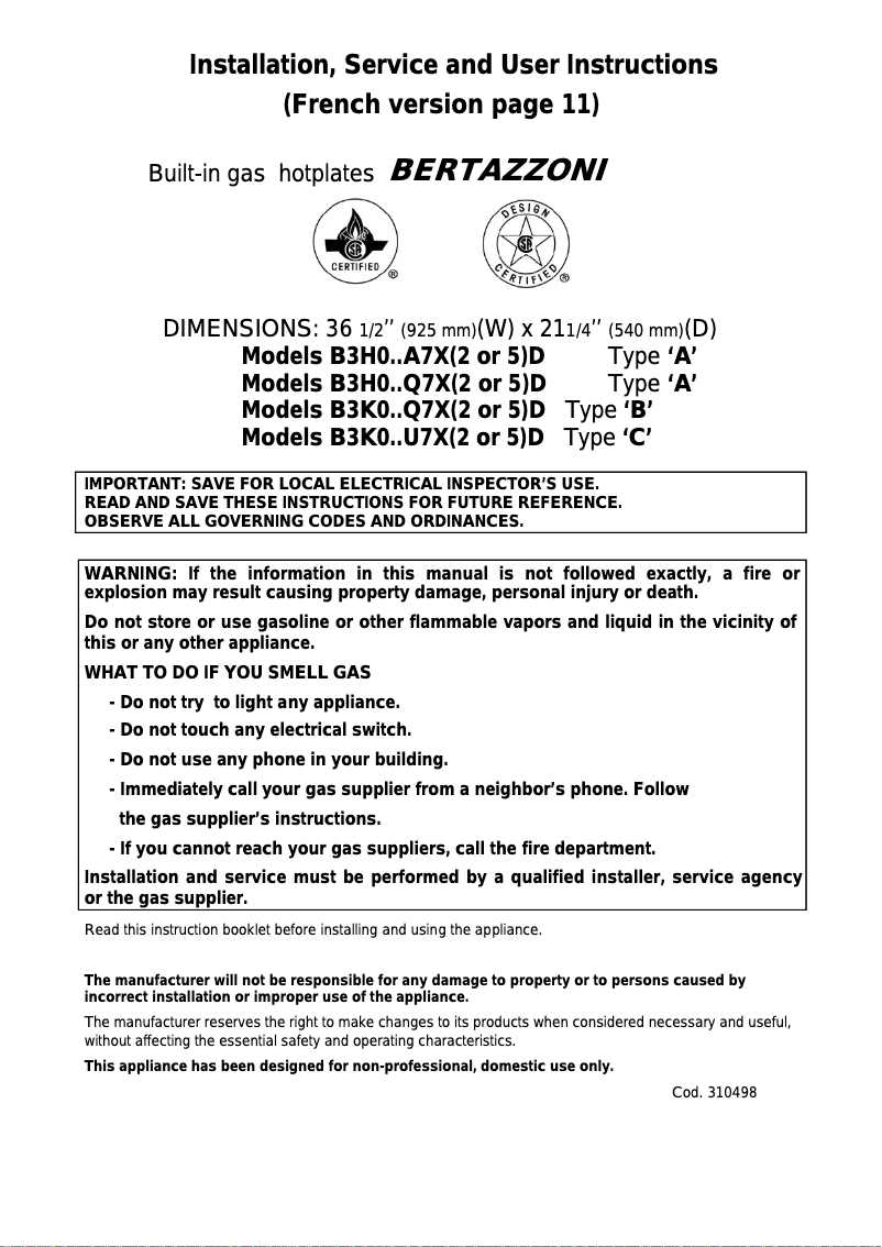Page 1 of the manual User Manual Bertazzoni QB36M500XLP