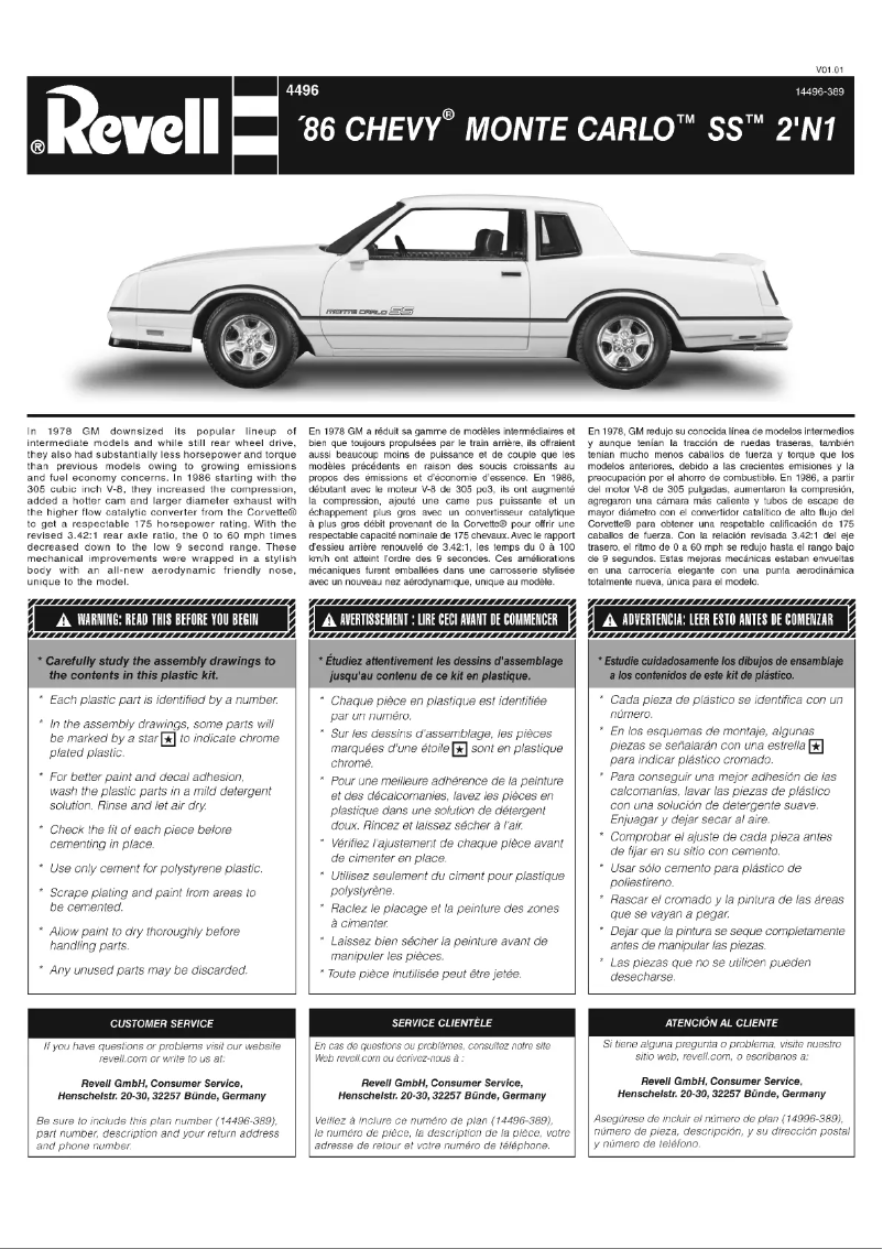 Page 1 of the manual User Manual Revell '86 Monte Carlo SS