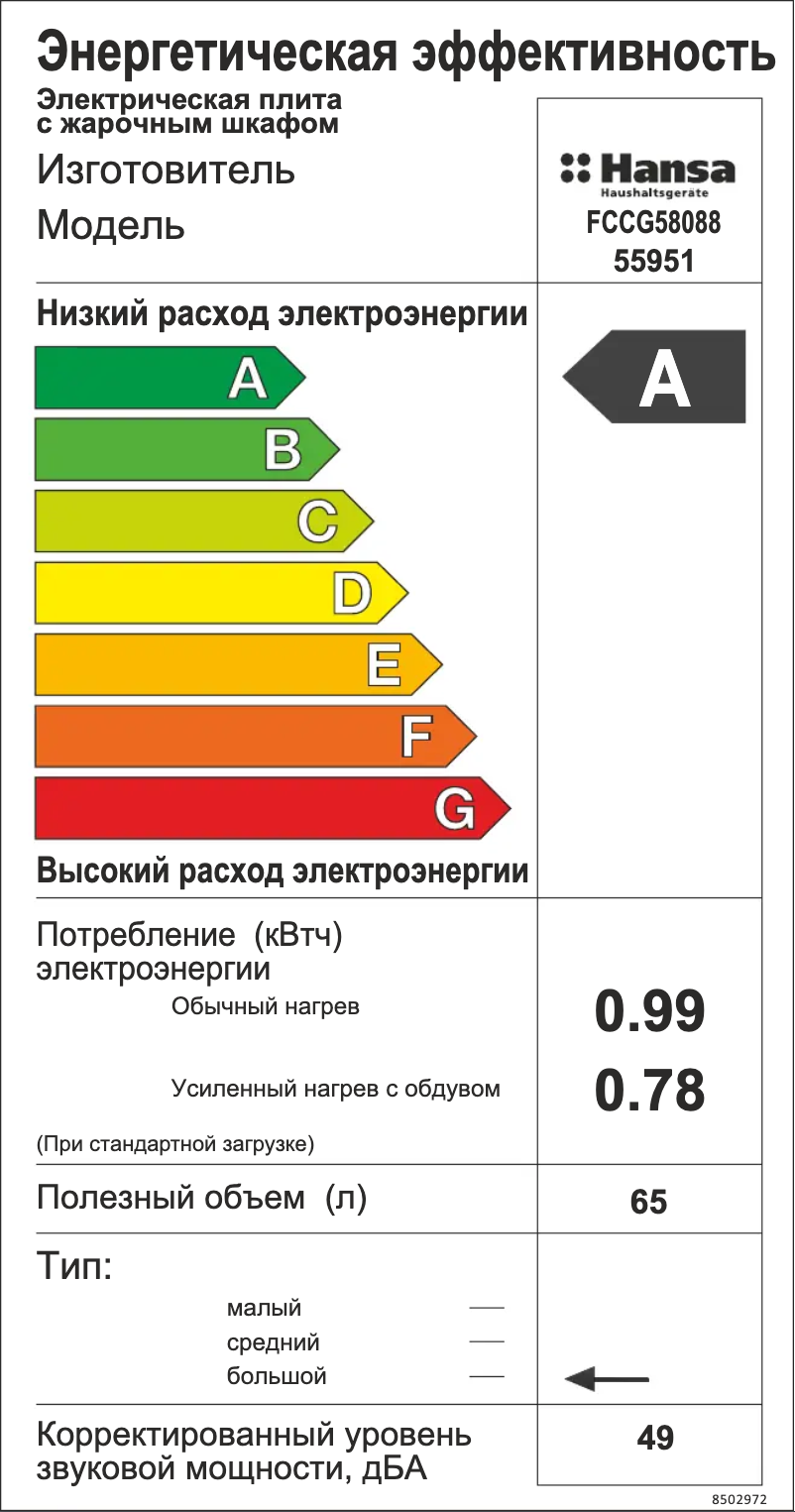 Page 1 of the manual Energy Label Hansa OTC6223BGH