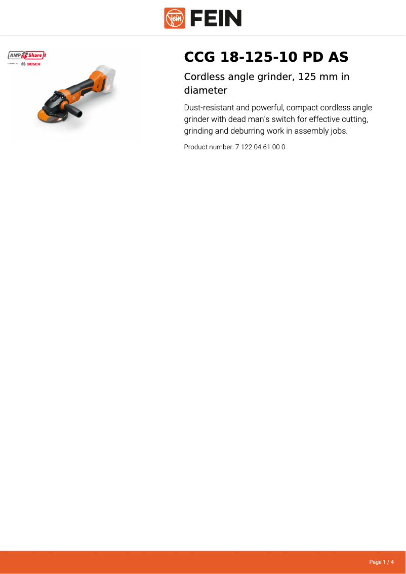 Page 1 of the manual Technical Sheet Fein CCG 18-125-10 PD AS