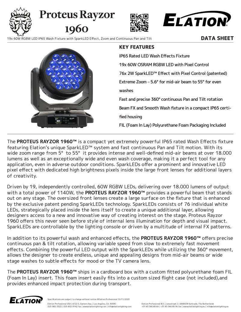 Page 1 de la notice Fiche technique Elation PROTEUS RAYZOR 1960