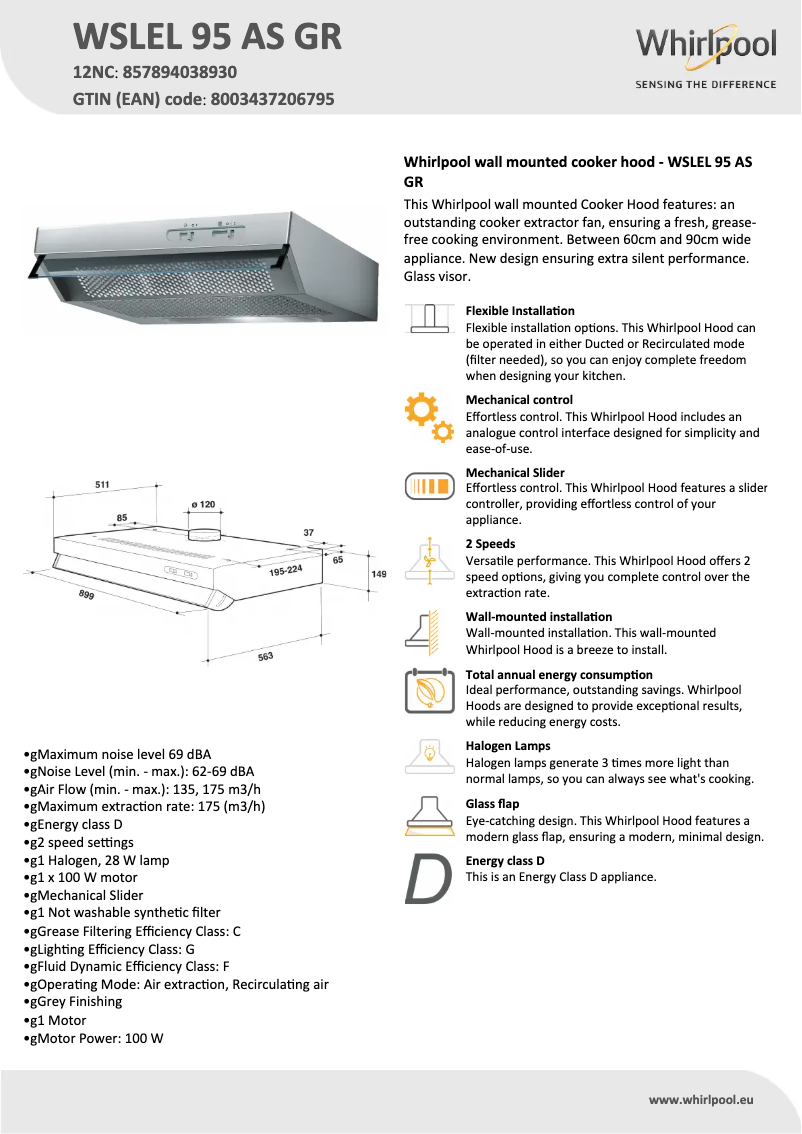 Page 1 of the manual Technical Sheet Whirlpool WSLEL 95 AS GR
