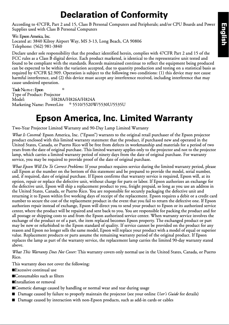 Image de la première page du manuel de l'appareil PowerLite 5530U