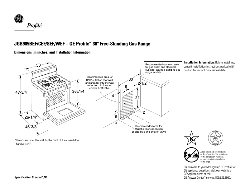 Page 1 of the manual Technical Sheet GE Profile JGB905CEFCC