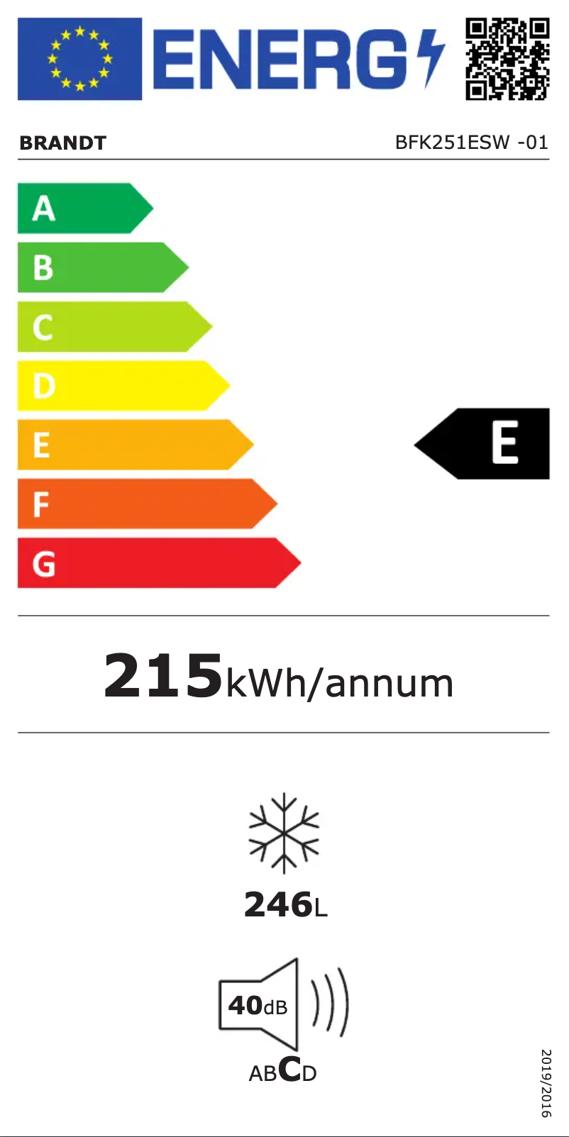 Page 1 of the manual Energy Label Brandt BFK251ESW