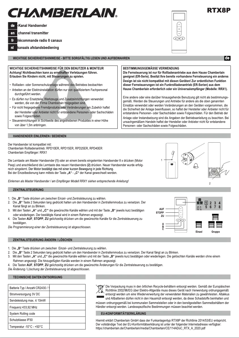 Page 1 of the manual User Manual Chamberlain RTX8P