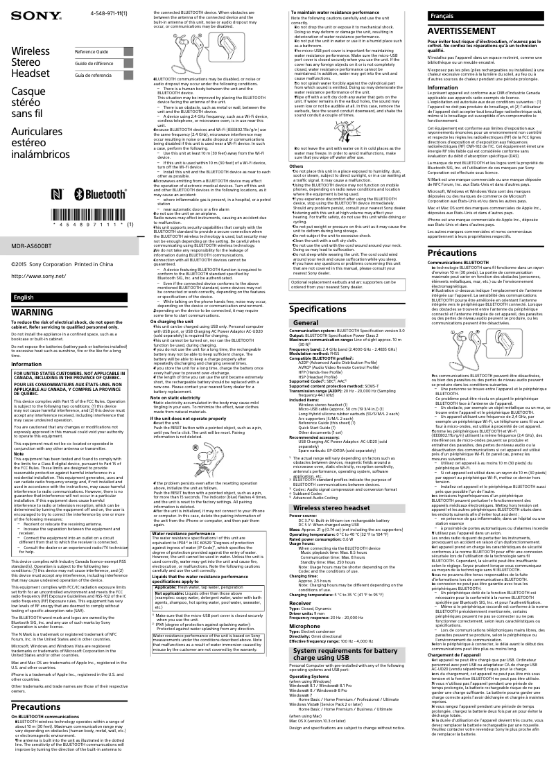 First page image of the manual for MDR-AS600BT