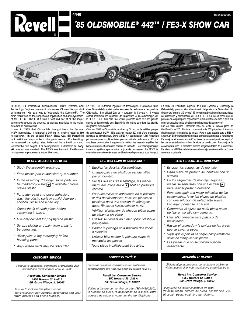 Page 1 of the manual User Manual Revell '85 Oldsmobile 442/FE3-X Show Car