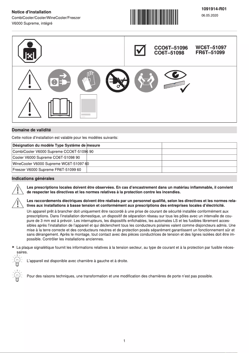 Page 1 of the manual Installation Guide V-Zug WineCooler V6000 Supreme
