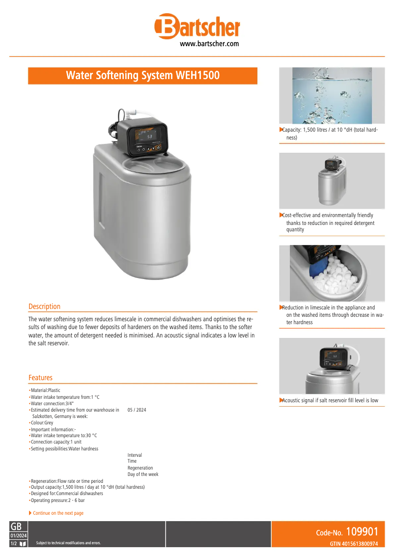 Page 1 of the manual Technical Sheet Bartscher WEH1500