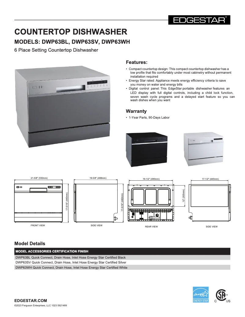 Page 1 of the manual Technical Sheet EdgeStar DWP63BL