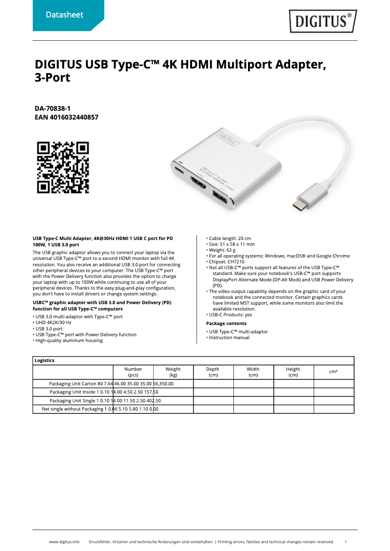 Page 1 of the manual Technical Sheet Digitus DA-70838-1