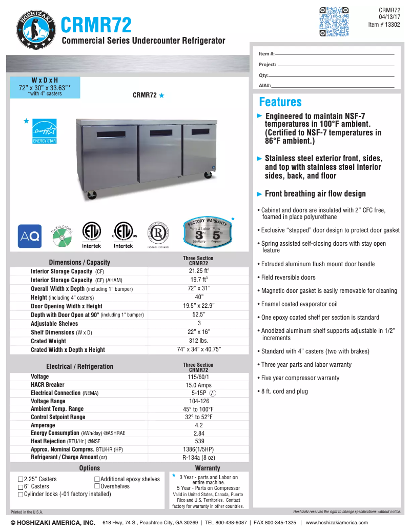 Page 1 of the manual Technical Sheet Hoshizaki Commercial CRMR72