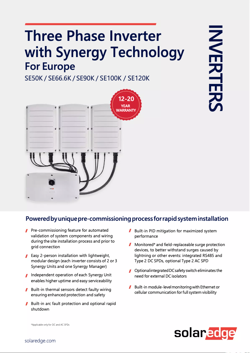 Page 1 of the manual Technical Sheet SolarEdge SESUK-RW00INNN4