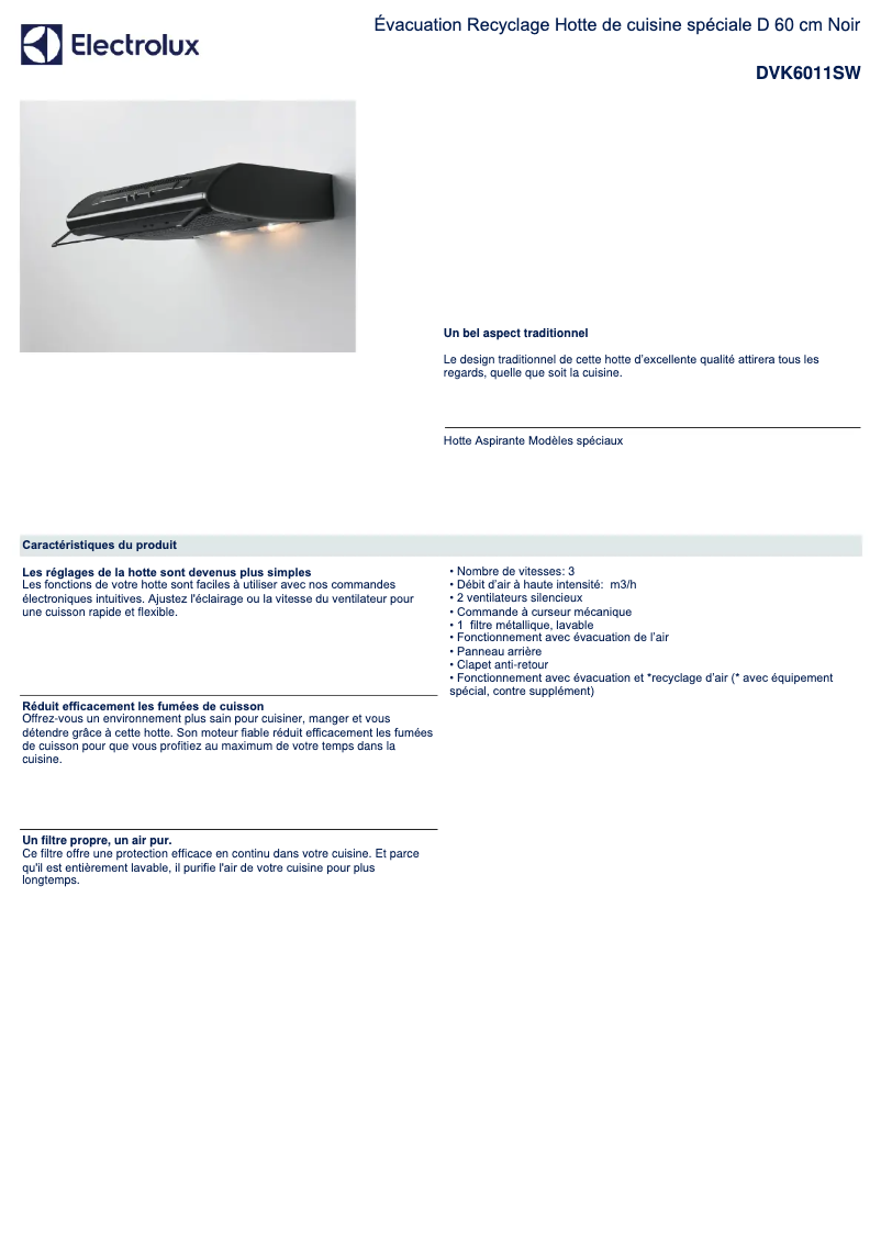 Page 1 of the manual Technical Sheet Electrolux DVK6011SW