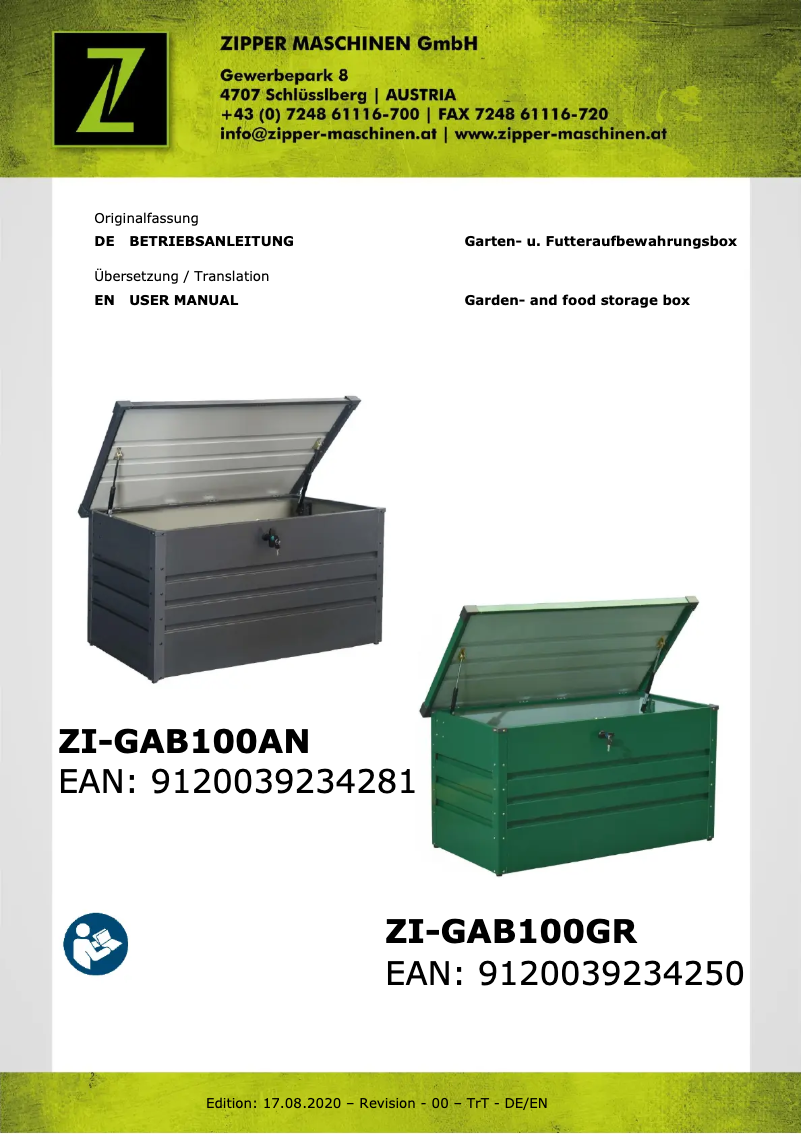 First page image of the manual for ZI-GAB100GR