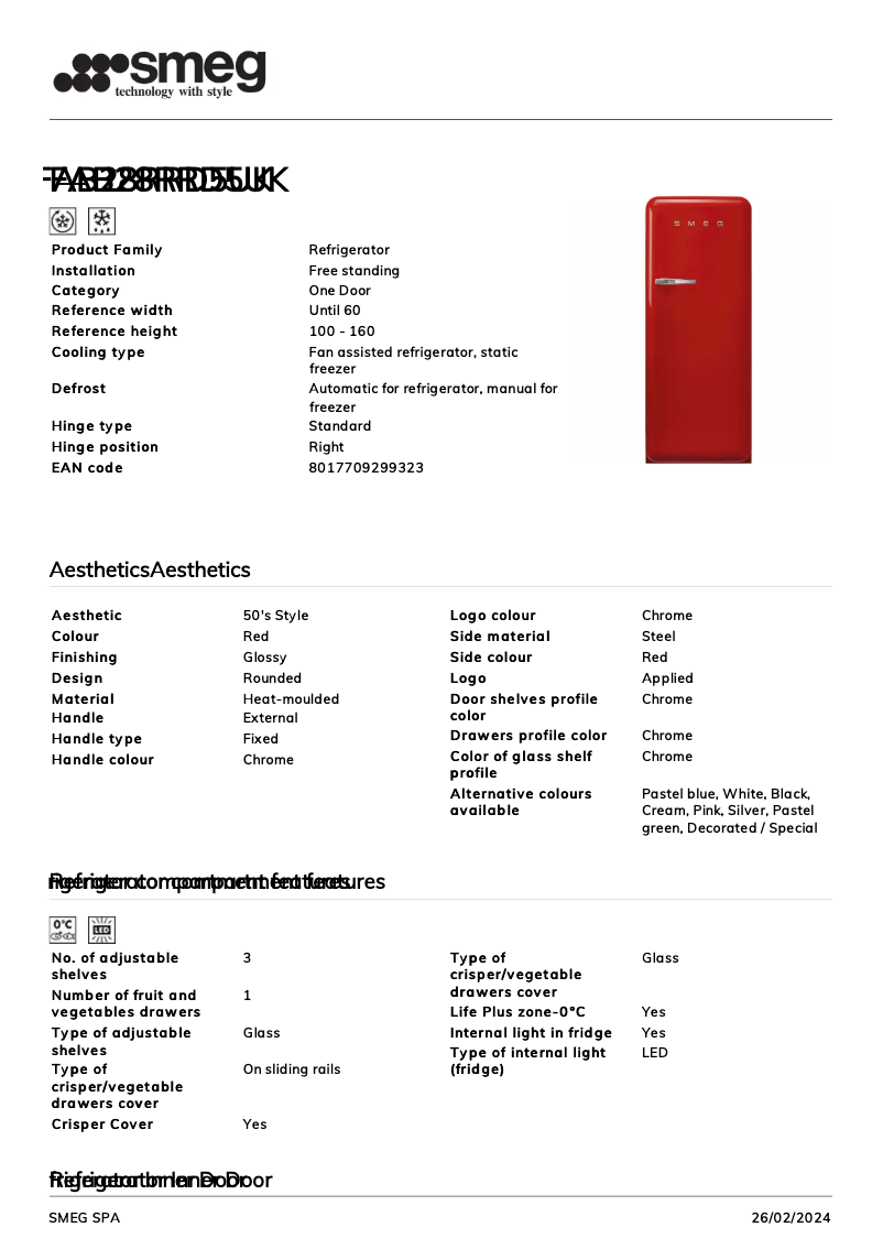 Page 1 of the manual Technical Sheet Smeg FAB28RRD5UK