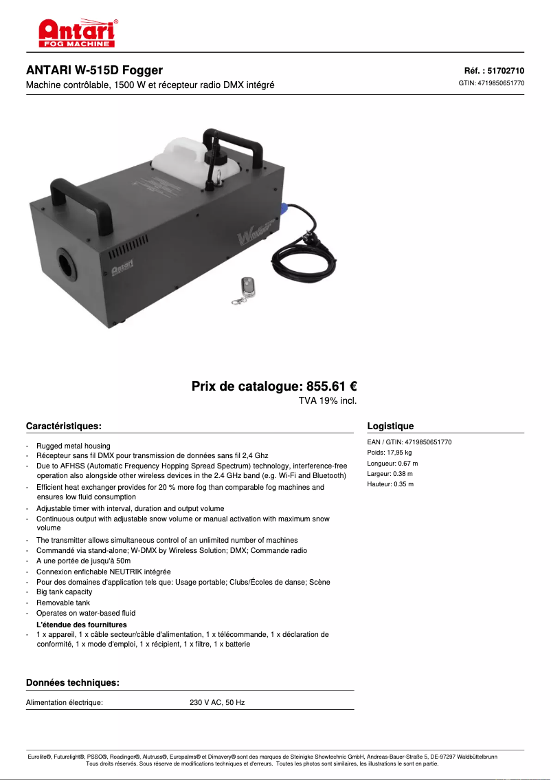 Page 1 of the manual Technical Sheet Antari W-515D