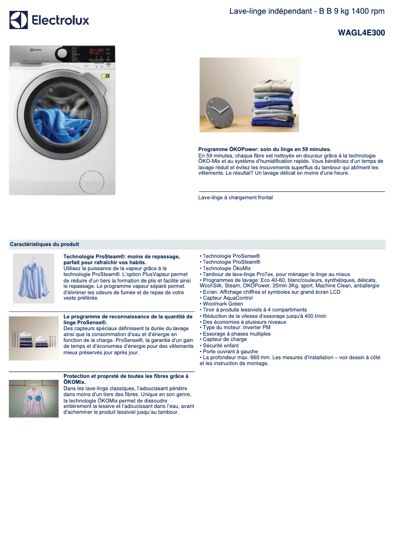 Page 1 of the manual Technical Sheet Electrolux WAGL4E300