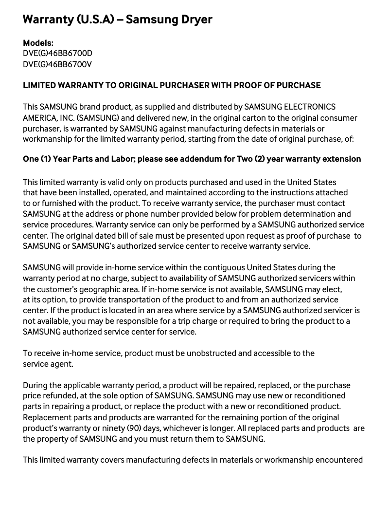 Page 1 of the manual Warranty Information Samsung DVE46BB6700V