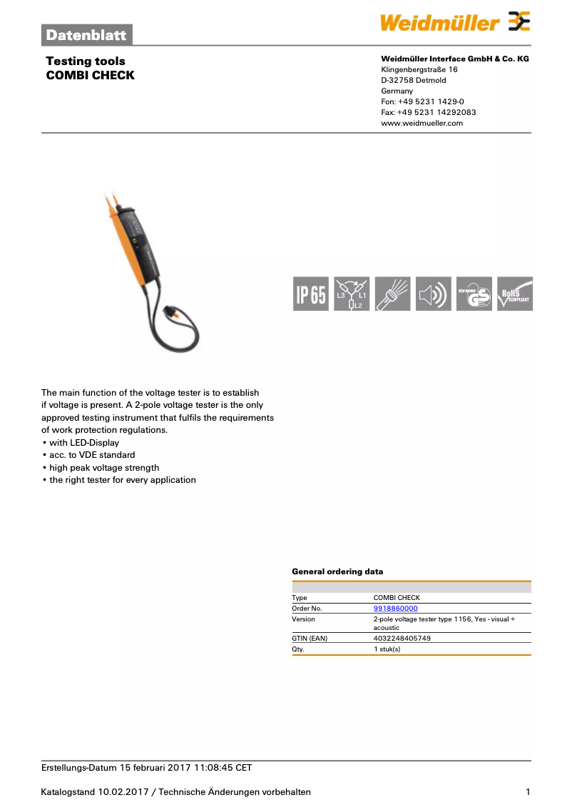 Page 1 of the manual User Manual Weidmüller Volt Combi Check 3,1