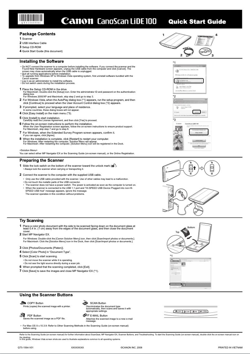 Page 1 of the manual Quick Start Guide Canon CanoScan LiDE 100