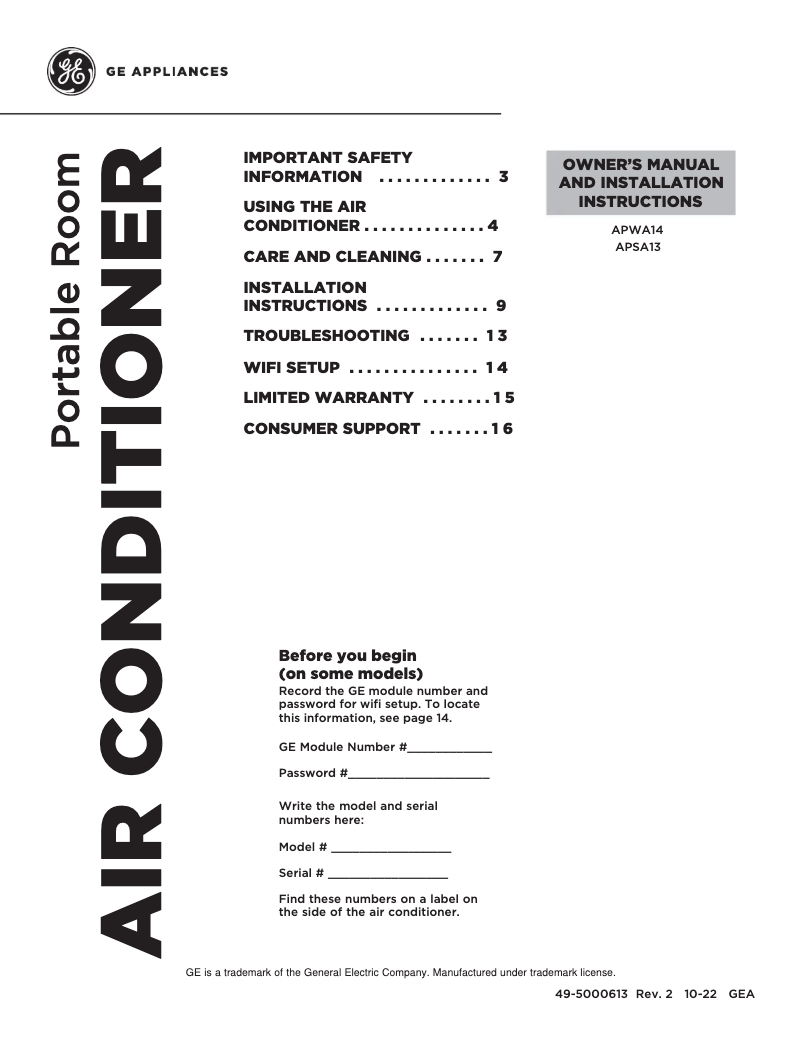Page 1 of the manual Installation Guide GE APWA14YBMW