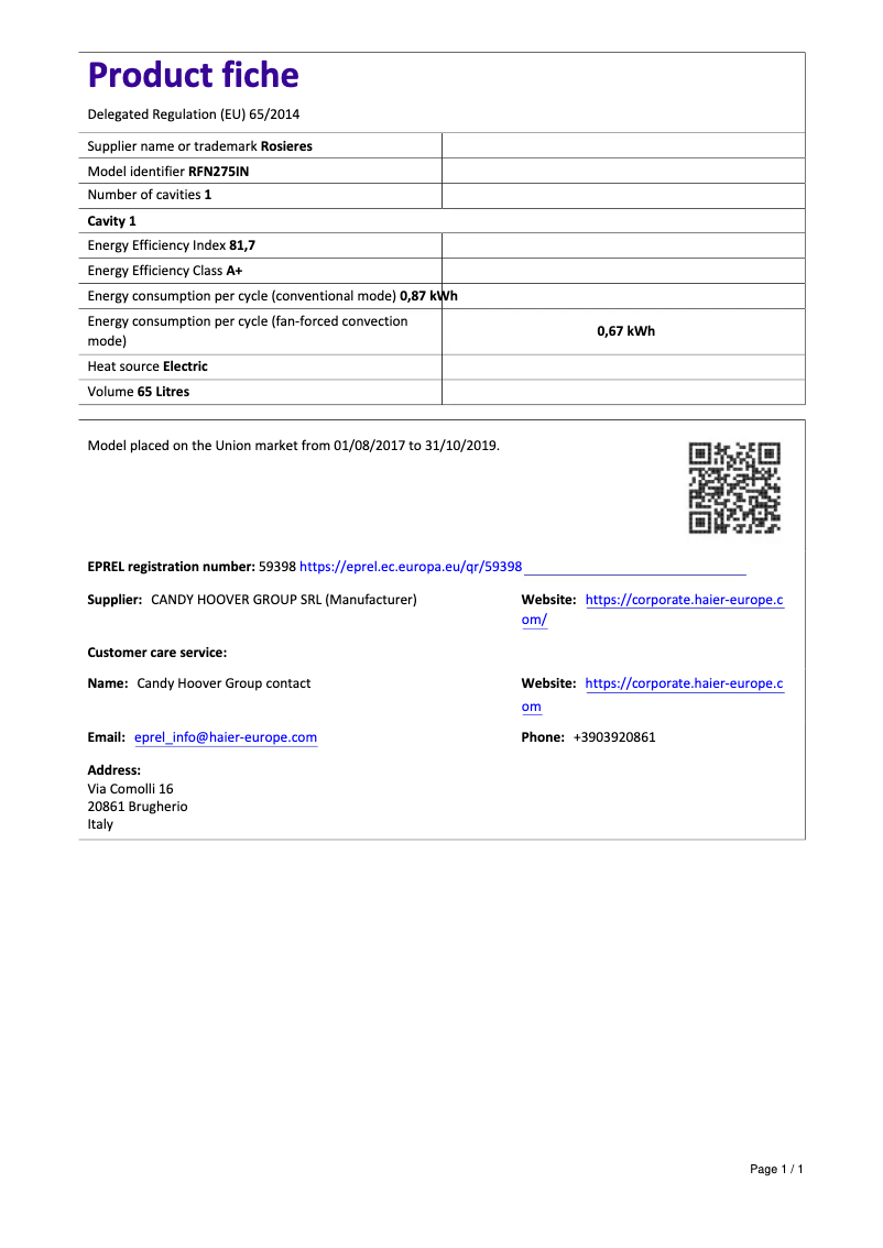 Page 1 of the manual Technical Sheet Rosieres RFN 275 IN