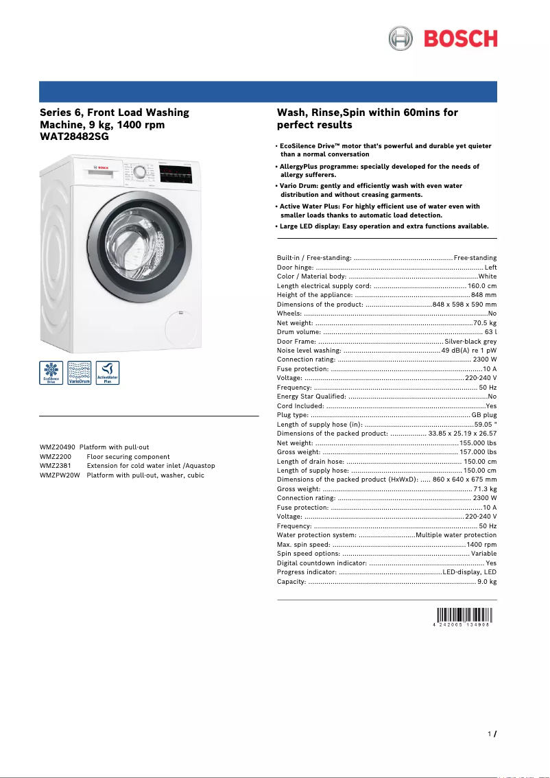 Page 1 of the manual Technical Sheet Bosch WAT28482SG