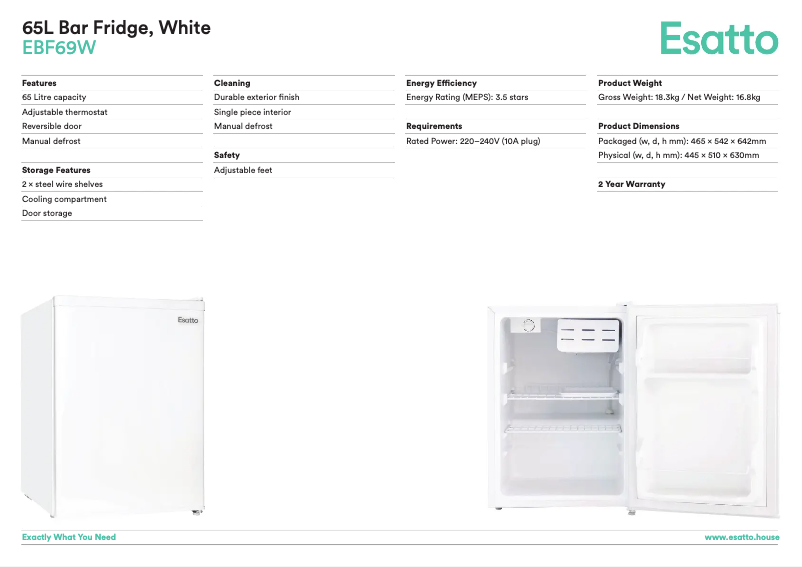 Page 1 of the manual Technical Sheet Esatto EBF69W