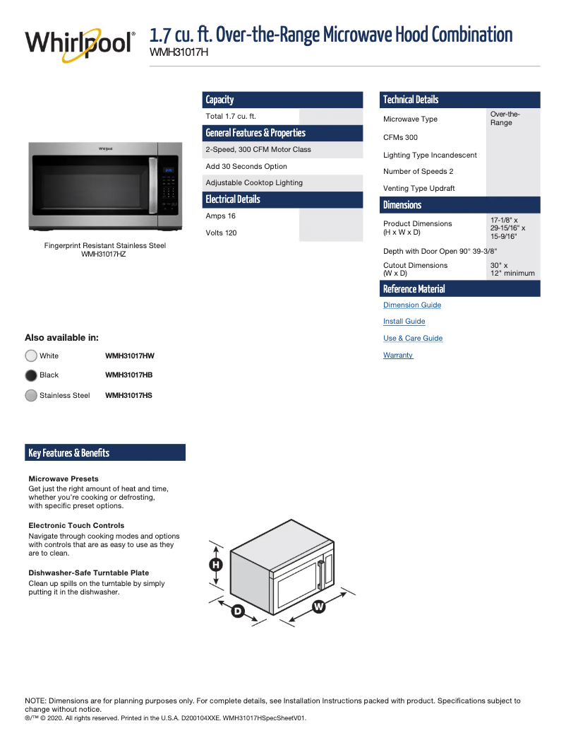 Page 1 of the manual Technical Sheet Whirlpool WMH31017HZ