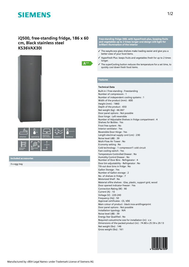 Page 1 of the manual Technical Sheet Siemens KS36VAX30I