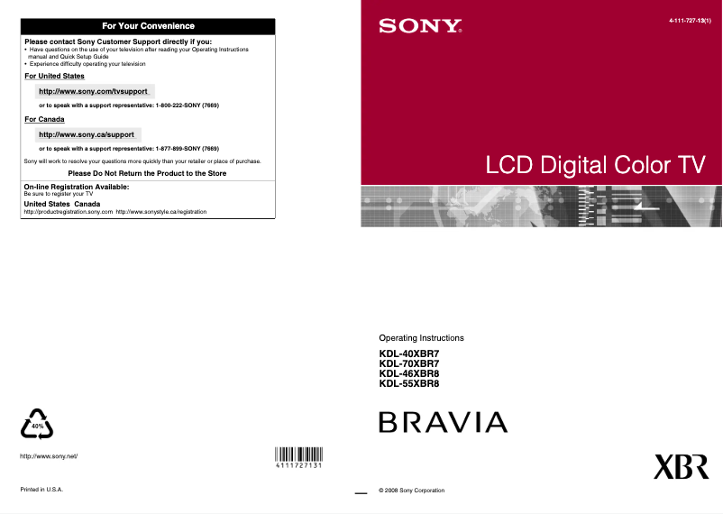 First page image of the manual for Bravia KDL-55XBR8