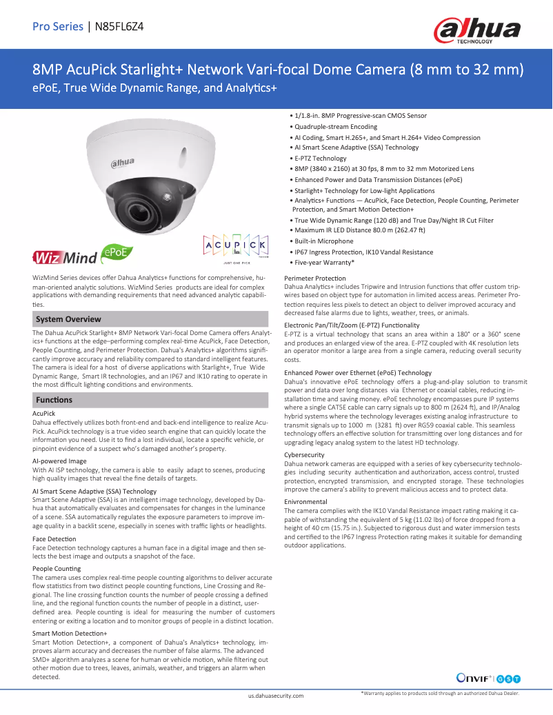 Page 1 of the manual Technical Sheet Dahua Technology N85FL6Z4