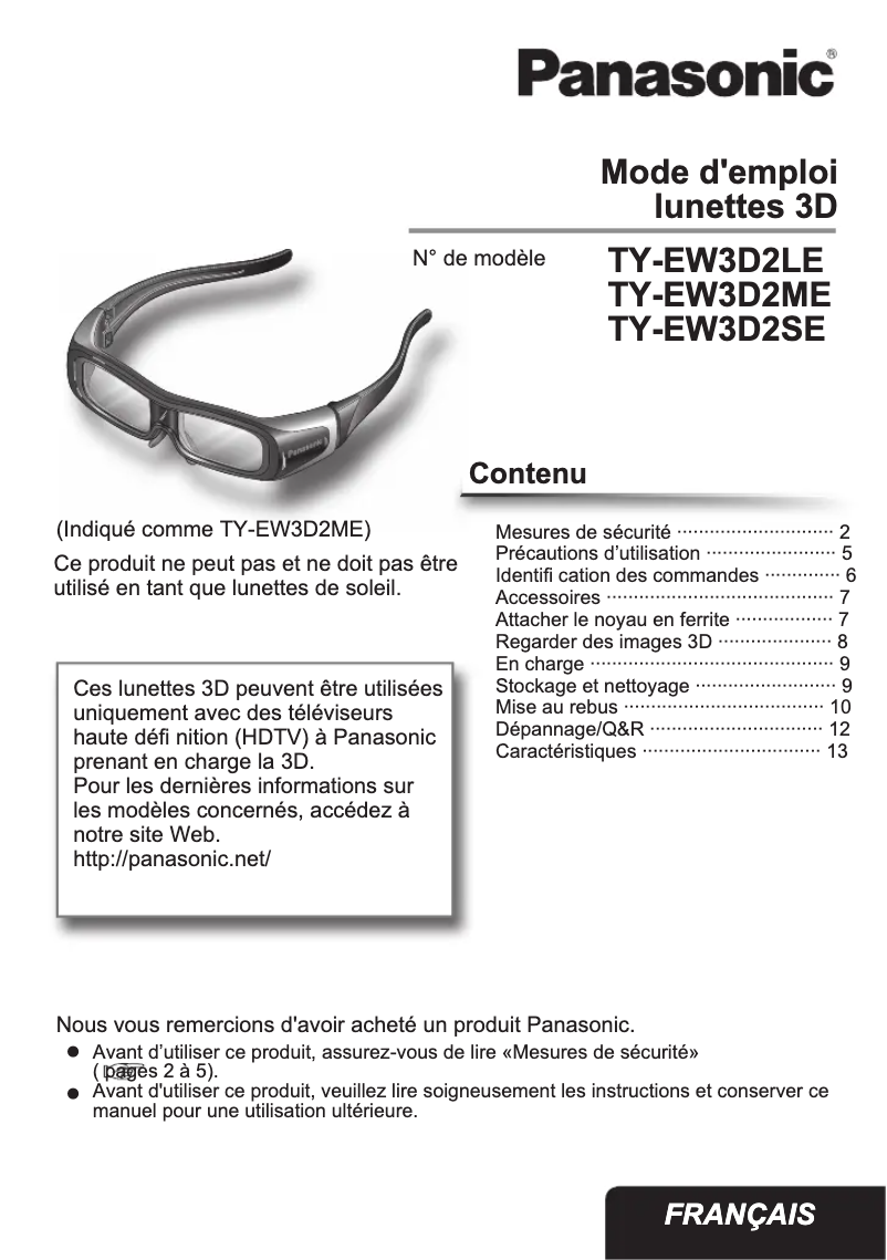 Page 1 of the manual User Manual Panasonic TY-EW3D2SE
