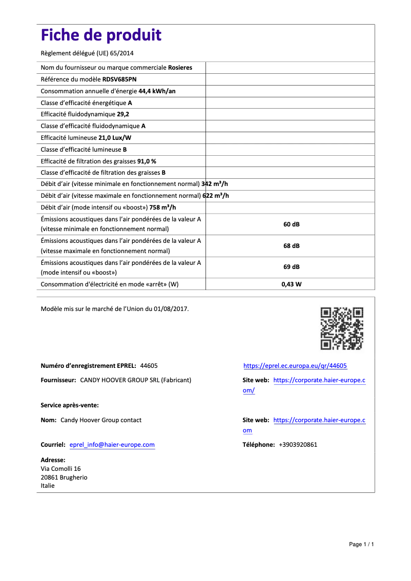 Page 1 of the manual Technical Sheet Rosieres RDSV 685 PN