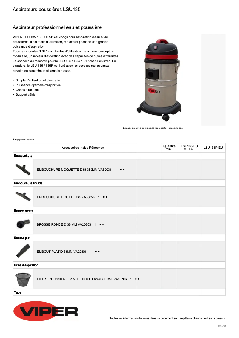 Page 1 of the manual Technical Sheet Nilfisk Viper LSU135