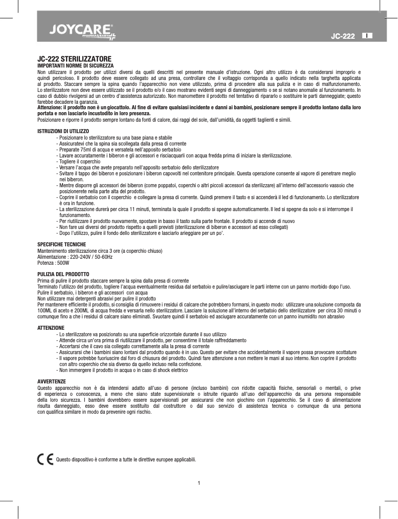 First page image of the manual for JC-222