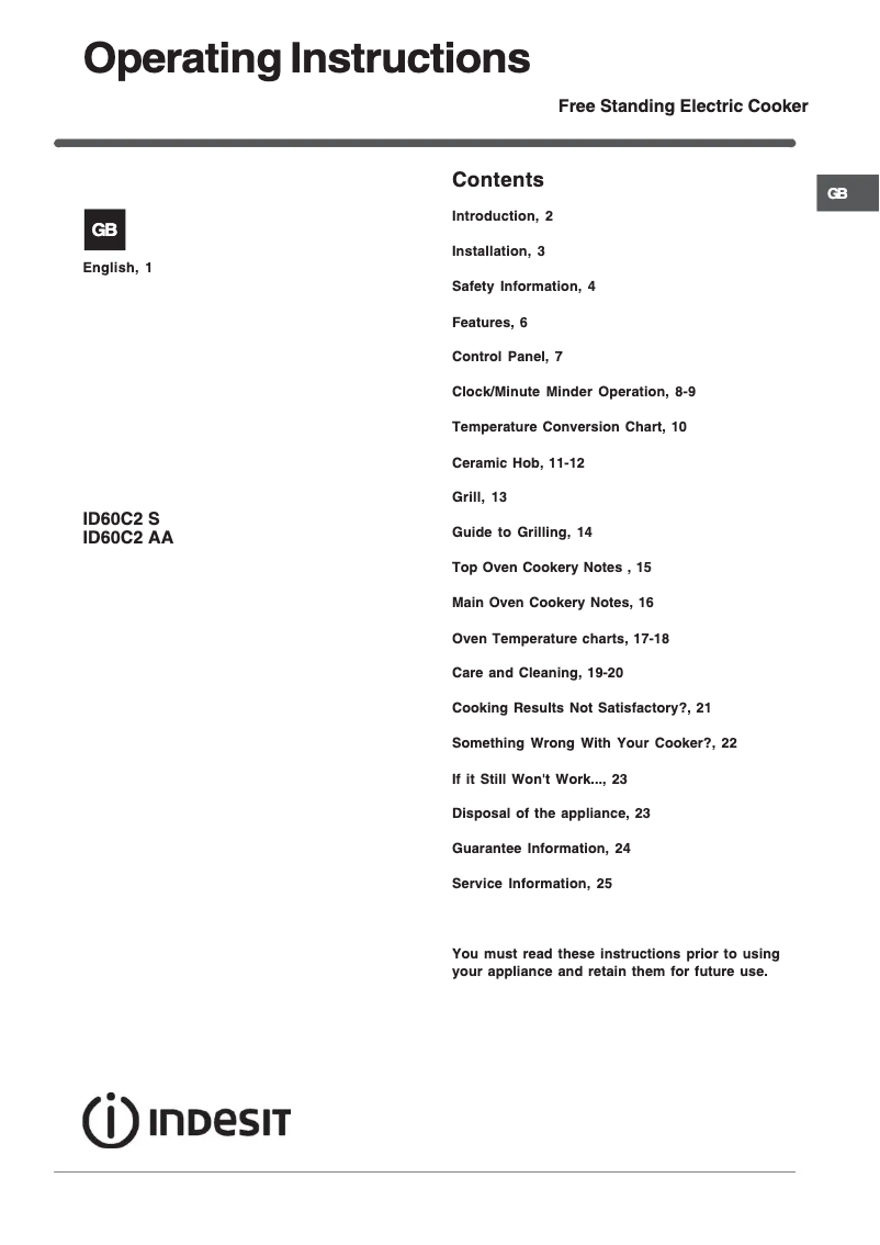 Page 1 of the manual Instruction Manual Indesit ID60C2(K)S