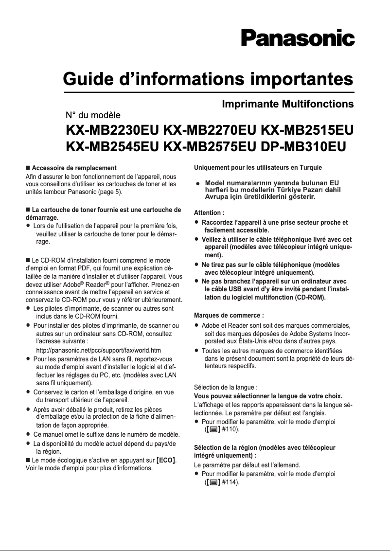 First page image of the manual for KX-MB2230EU