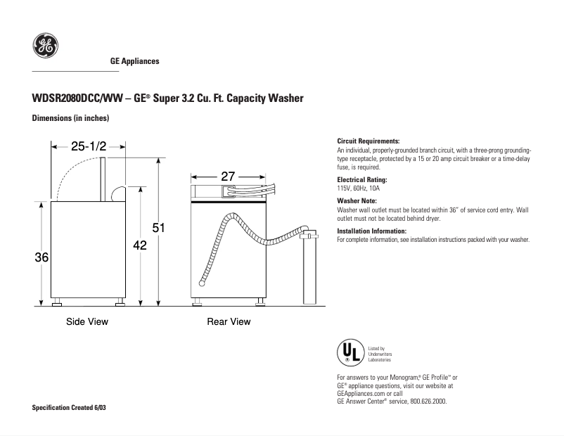 Page 1 of the manual Technical Sheet GE WDSR2080DCC