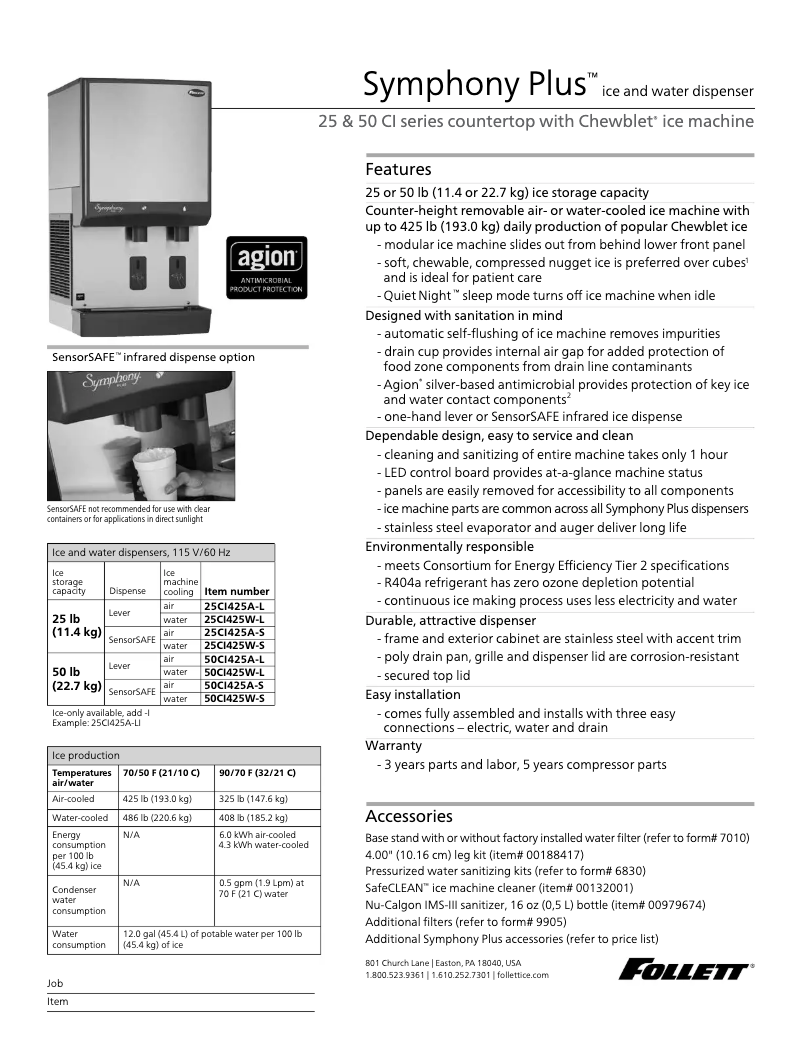 Page 1 of the manual Technical Sheet Follett 25CI425A-S