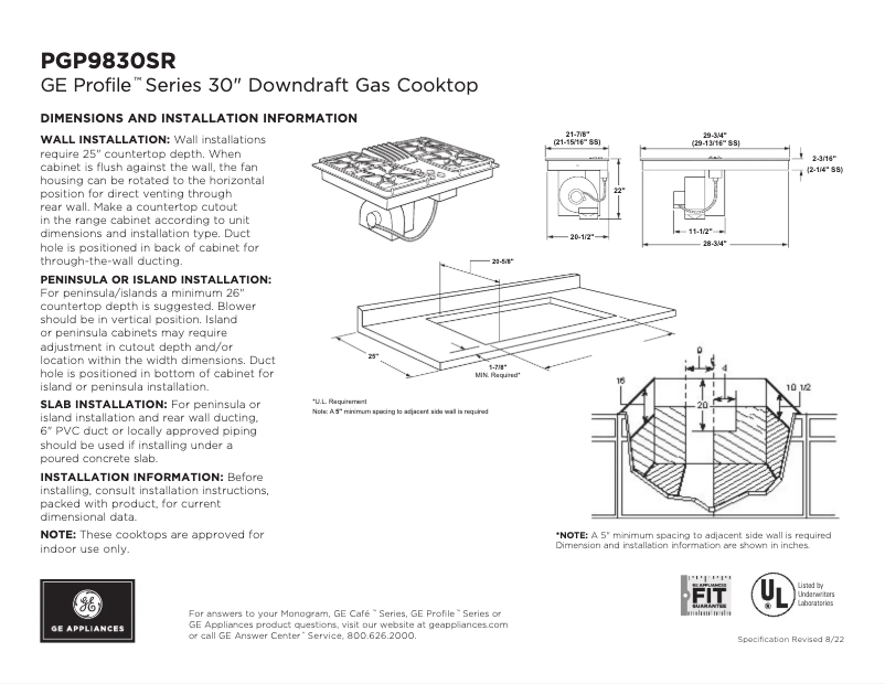 Page 1 of the manual Technical Sheet GE Profile PGP9830SRSS